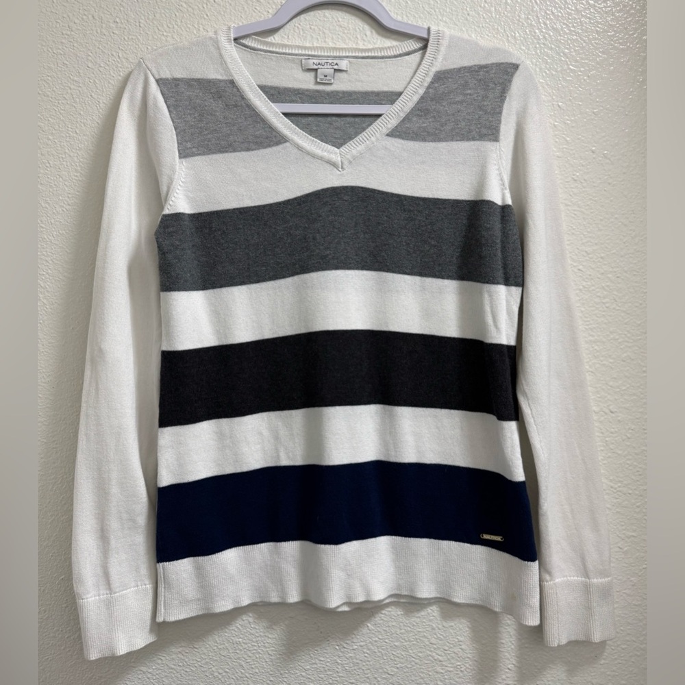 Nautica Knit Striped Sweater V-Neck Cotton Logo Womens Medium